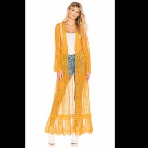 Mustard yellow lace bell sleeve duster. Kimono.